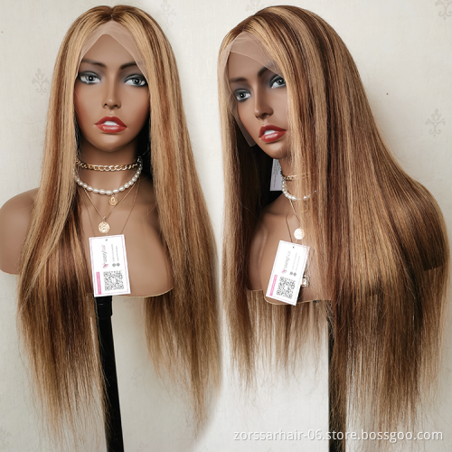 Customized Texture Long Honey Blonde Human Hair Wig Brown Highlight Color Cuticle Aligned Hair Transparent Lace Front Wigs
